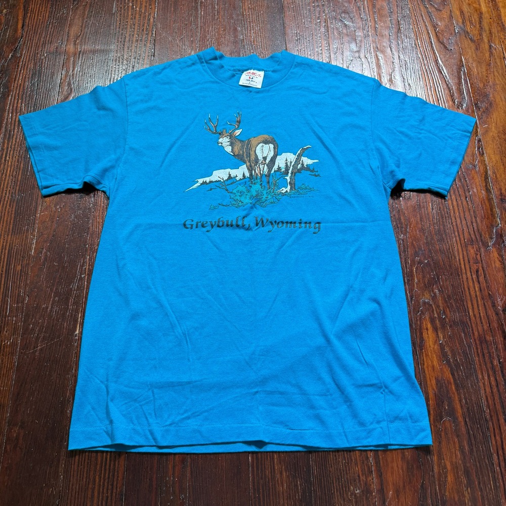 Vintage 90s Greybull Wyoming Shirt Mens L Blue Mule Deer Single‎ Stitch USA